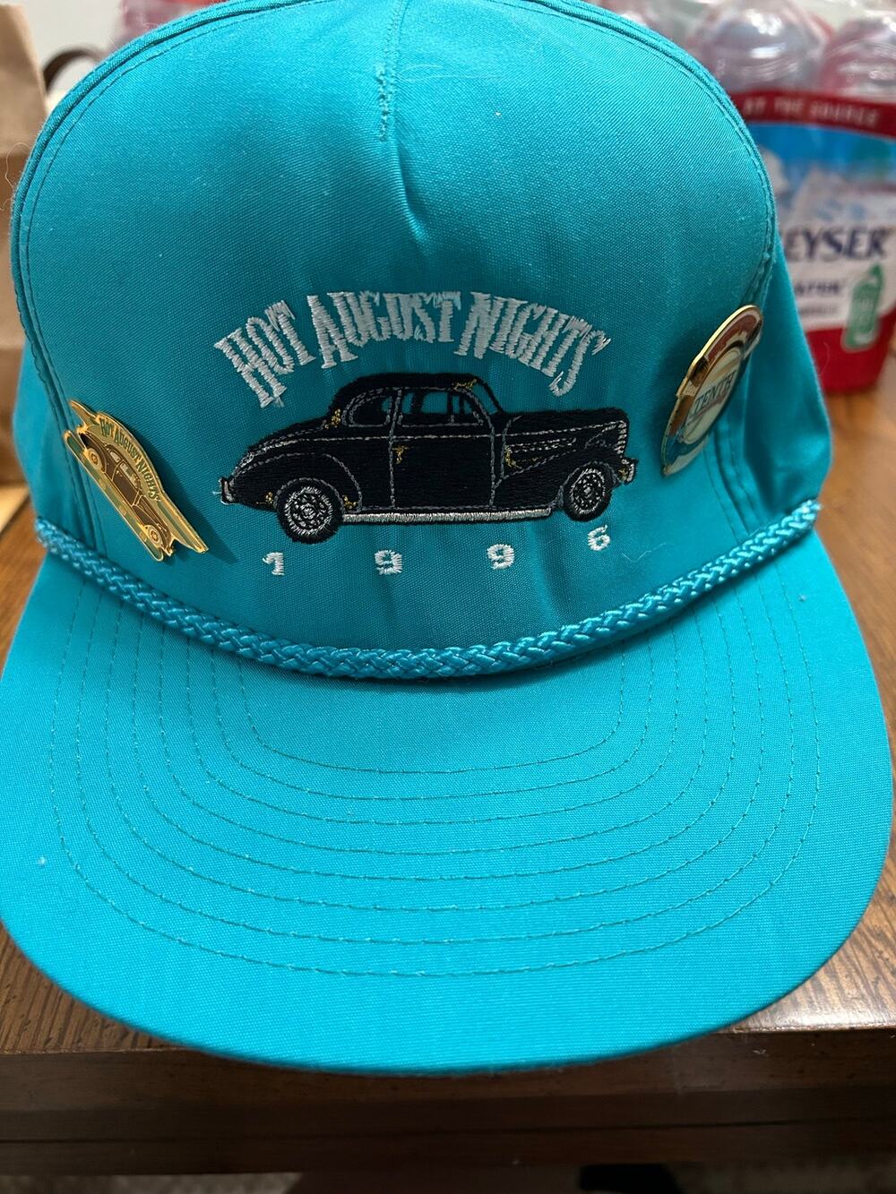 Vintage 1996 Hot August Nights Car Show Teal Strapback Hat Cap w/ Enamel Pins